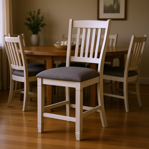 Set di 2pc legno antico bianco bancone altezza sedie da pranzo tessuto strutturato mobili imbottiti - Product Image 2