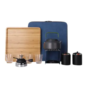 outdoor camp accessories travel bag tea pot sets Aluminum tea pot 4pcs glass cup 2pcs tea container mini gas Stove sets