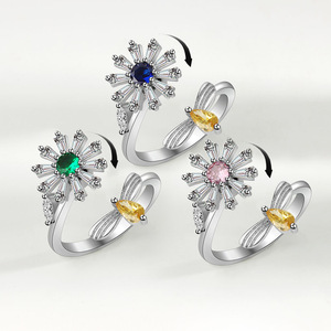 Sunflower Anxiety Spin Rings Open Adjustable Claw Set Colorful Cubic Zirconia Copper Gold Plated Flower <b>Bee</b> Jewelry For Women - Product Image 1