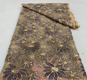 レッドチュールゴールデンスパンコール刺繍レディースアフリカレース生地パーティードレス - Product Image 5