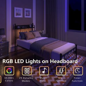 Struttura letto singolo in metallo con testiera contenitore, stazione di ricarica e luci LED - Base letto per camera da letto/appartamento - Product Image 2