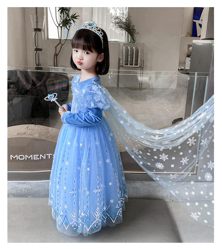 Transparent Beautiful Encanto Flower Snowflake Blue Halloween Costume Cloak Layer Princess Dress
