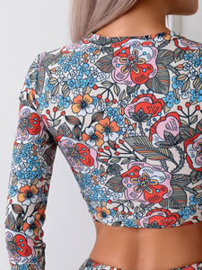 Costume da bagno sportivo floreale a maniche lunghe in due pezzi per donna, set di costumi da bagno sportivi professionali ad alta elasticità e ad asciugatura rapida - Product Image 4