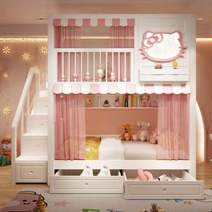 Litera de Madera Maciza Princesa con Cama Nido Doble Tipo Castillo Diseño Cómodo Barandales de Seguridad Tobogán Almacenamiento para Dormitorio Escolar - Product Image 3