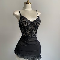 2025 européen américain Sexy dentelle sous-vêtements sangle réglable brodé creux noir Perspective pyjama broderie chaude Lenceria