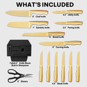 High Hardness Household Luxury Cooking Gold Titanium Coated Stainless Steel Kitchen <b>Knife</b> <b>Set</b> with Black Block - Product Image 6