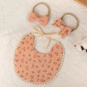 3 Pcs/Set Bavoirs et bandeaux à fleurs pour bébé Bandeaux à nœud en coton Serviette à salive double face Echarpe en tissu pour garçons et filles - Product Image 5