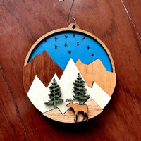 Ornement de Noël personnalisé en bois 3D superbe, avec scène de montagne, ours, cerf, loup, service de découpe laser