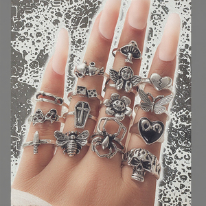 Set of 15 Women's Fashionable Heart <b>Cross</b> Punk Cluster <b>Rings</b> for Wedding Engagement Party or Gift Mainly Made of Alloy - Product Image 3