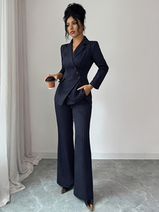 <span class=keywords><strong>Traje</strong></span> Formal Elegante de 2 Piezas para <span class=keywords><strong>Mujer</strong></span> con Rayas, Cuello en V, 6 Botones, Doble Abertura y Pantalones, Precio Bajo al por Mayor - Product Image 5