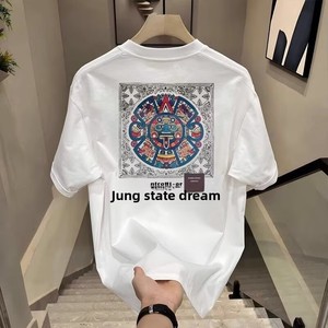 T-shirt da uomo a maniche corte estiva in puro cotone, di tendenza nazionale, alla moda, casual, best-seller, versatile, pesante, girocollo, con stampa cartoon - Product Image 1