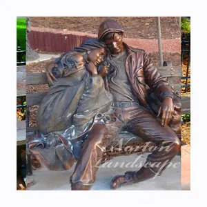 Modern outdoor garden decor life size metal brass bronze statue of love couple sleeping on bench for sale