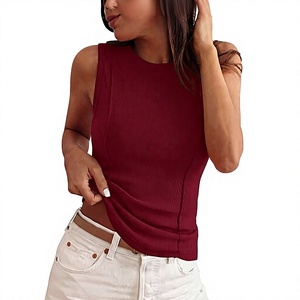 <b>Women</b> Ribbed <b>Tank</b> <b>Top</b> Sleeveless O-Neck <b>Knitted</b> Solid Color Casual Wear - Product Image 1