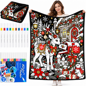 Couverture à colorier lavable de Noël avec 24 marqueurs acryliques, couverture en flanelle à faire soi-même pour adultes et enfants - Product Image 6