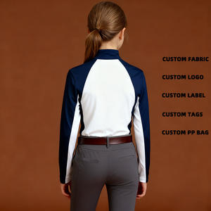 Camisa de equitación para niños con cremallera 1/4, azul y blanca, ropa de equitación de alta elasticidad con protección UV para niños - Product Image 2