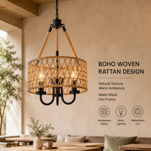 Boho Woven Rattan Pendant <b>Light</b> With Iron Hemp <b>Rope</b> Shade Adjustable Height For Dining Room Restaurant Home Decor - Product Image 2