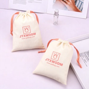 Bolsa de Algodón Muselina Blanca Natural con Cordón y Logotipo Personalizado para Joyería, Bolsa de Regalo de Algodón Muselina con Cordón y Logotipo Personalizado - Product Image 2