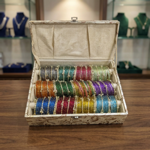 Vibrant Boho Ethnic Multi Shade Raindrop Texture <b>Glass</b> Chudi Stack 12 Dozen <b>Glass</b> Bangles + 48 Kashmiri Ghungroo <b>Charms</b> in Trunk - Product Image 2