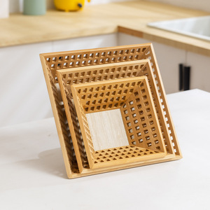 <b>Square</b> Bamboo Fruit <b>Basket</b> Set Handmade Storage Tray For Bread And Fruit Display Rack - Product Image 4