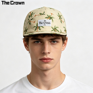 Gorra de 5 Paneles con Estampado de Palmeras Tropicales y Logotipo Personalizado, Gorra Casual Ligera Tejida al por Mayor, con Correa de Cuero y Visera Plana, Fabricante - Product Image 1