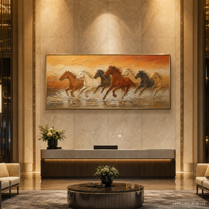 Bas-Relief Dipinto a Mano con Sette Cavalli al Tramonto Dorato e Acqua Corrente, Arte Murale per Hotel e Ristoranti, Personalizzabile - Product Image 2