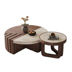Ensemble de <span class=keywords><strong>table</strong></span> <span class=keywords><strong>basse</strong></span> et <span class=keywords><strong>table</strong></span> d'appoint ronde de style Wabi-Sabi : <span class=keywords><strong>Travertin</strong></span> + couleur noyer, combinaison créative du milieu du siècle pour les salons de villa - Product Image 3