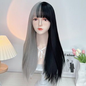 <span class=keywords><strong>Parrucca</strong></span> realizzata a macchina per ragazze, capelli lunghi e lisci, bicolore nero e bianco, frangia sottile, colore sfumato, copricapo Lolita Yin Yang - Product Image 4