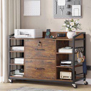 SENYU Industrial <b>Wooden</b> <b>Filing</b> <b>Cabinet</b> with 2 Lockable Drawers and Open Shelves for Home Office Storage - Product Image 1
