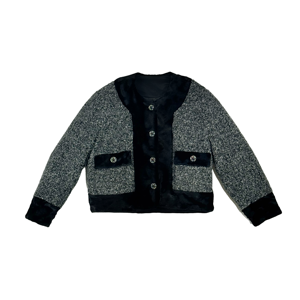Veste en tweed <span class=keywords><strong>court</strong></span> pour <span class=keywords><strong>femme</strong></span> en duvet de canard gris, blazer d'hiver de luxe gris anthracite Cardigan en tweed rempli de duvet - Product Image 1