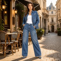 Veste utilitaire en denim délavé vintage 12 oz à multiples poches et jean cargo à jambe large pour femme, tailles OEM XS-5XL