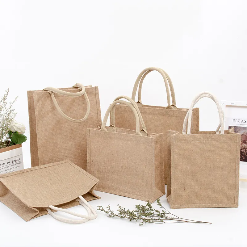 Großhandel Bedrucken Logo Natürliche Sackleinen Eco Freundliche Jute Tote Tasche Recycle Faltbare Jute Einkaufstasche