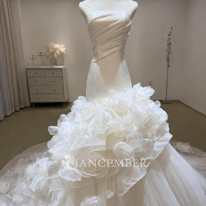 Robe de mariée sirène élégante blanche en organza à fleurs 3D avec traîne et bretelles spaghetti Lsjj161, fabrication OEM Jancember - Product Image 5