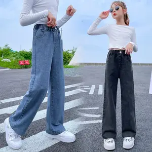 Spring Autumn Little Girls School Children Jeans Wide Leg Straight Loose Long Pants Elastic Waist Trousers Outwear Casual Jeans