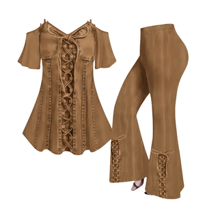 Conjunto de 2 Piezas Personalizable para Mujer Talla Grande, Estilo Casual, Cuello en V, Aspecto Vaquero, Top Halter de Manga Corta, Pantalones Largos, Color Sólido, Otoño, Secado Rápido - Product Image 4