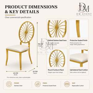 Chaise de mariage ronde en acier inoxydable doré avec dossier en éclats de soleil et coussin blanc pour banquets et événements hôteliers – Vente en gros de sièges - Product Image 4