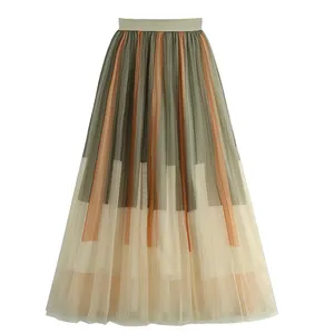 Falda plisada de gasa para mujer, faldas largas de cintura alta con malla a rayas de Color, estilo Retro, venta al por mayor