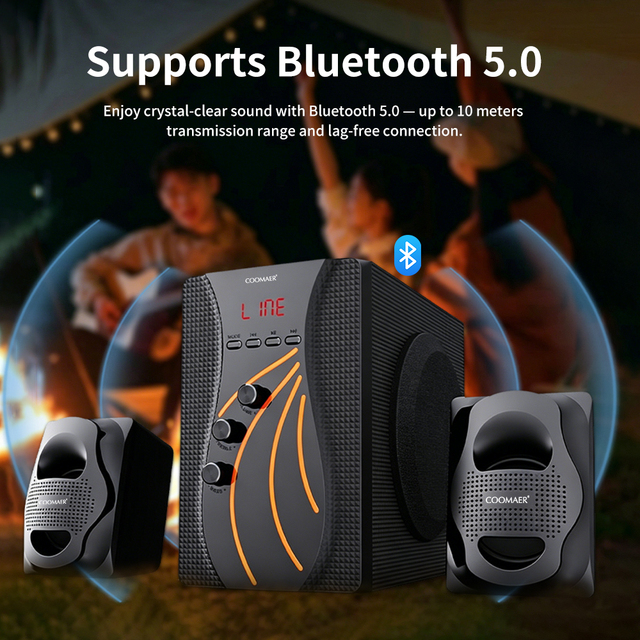2.1 Home Theater Surround Sound System Wireless BT Desktop Speakers with 4 Inch Subwoofer Wooden Cabinet for TV PC