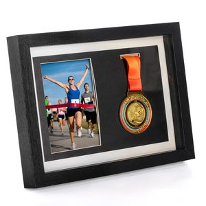 Boîte de rangement <span class=keywords><strong>pour</strong></span> médailles de marathon en bois noir Médaille unique et <span class=keywords><strong>cadre</strong></span> d'affichage de photos Boîte d'ombre d'affichage de médailles <span class=keywords><strong>pour</strong></span> les coureurs gagnants - Product Image 1