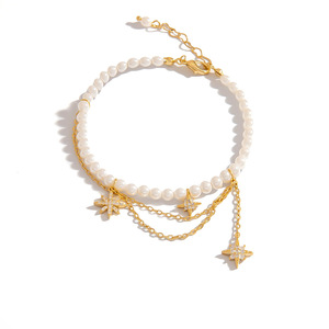 Collier de perles à double rangée, chaîne dorée, pendentif nœud et étoile en strass, bijoux pour femme à porter au quotidien - Product Image 5