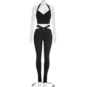Viviblook J26ST054 Conjunto de Dos Piezas para Mujer, Top Halter Hueco de Color Sólido, Pantalones Ajustados, Estilo Sexy para el Verano - Product Image 3