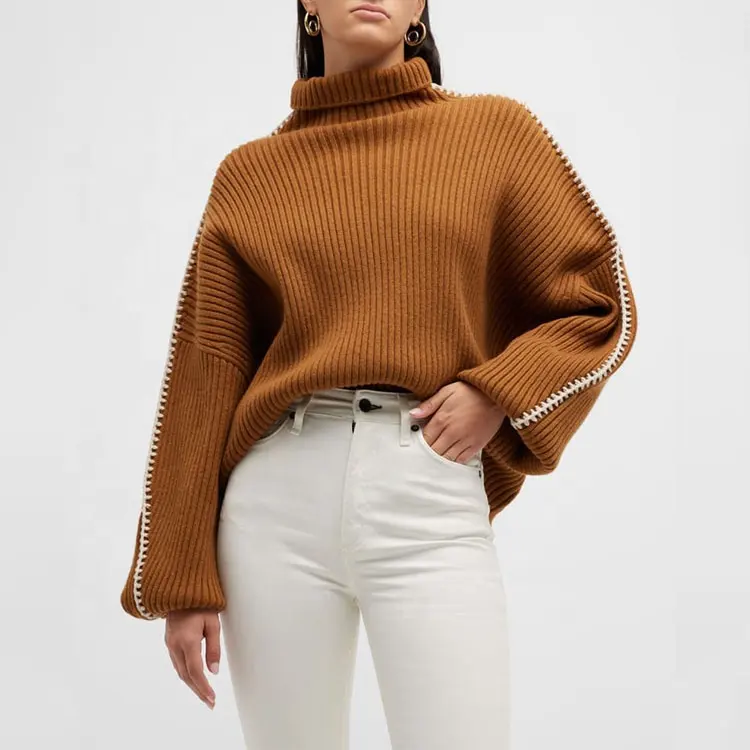 Factory Custom brown rib contrast color edging high neck drop shoulder french loose pullover warm knitted y2k fashion sweater