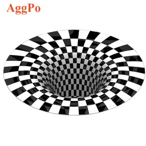 3D BlackとWhite Illusion Doormat、3D Visual Bottomless Hole Carpet Area Rug Floor Mat、Round Non-Woven Plaid Floor Carpet