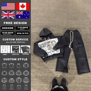 Custom Zip up Acid Wash Vintage Rhinestone Embroidery <b>Distressed</b> Patch Heavyweight Cotton Hoodie and Sweat Pants Tracksuits Men - Product Image 2