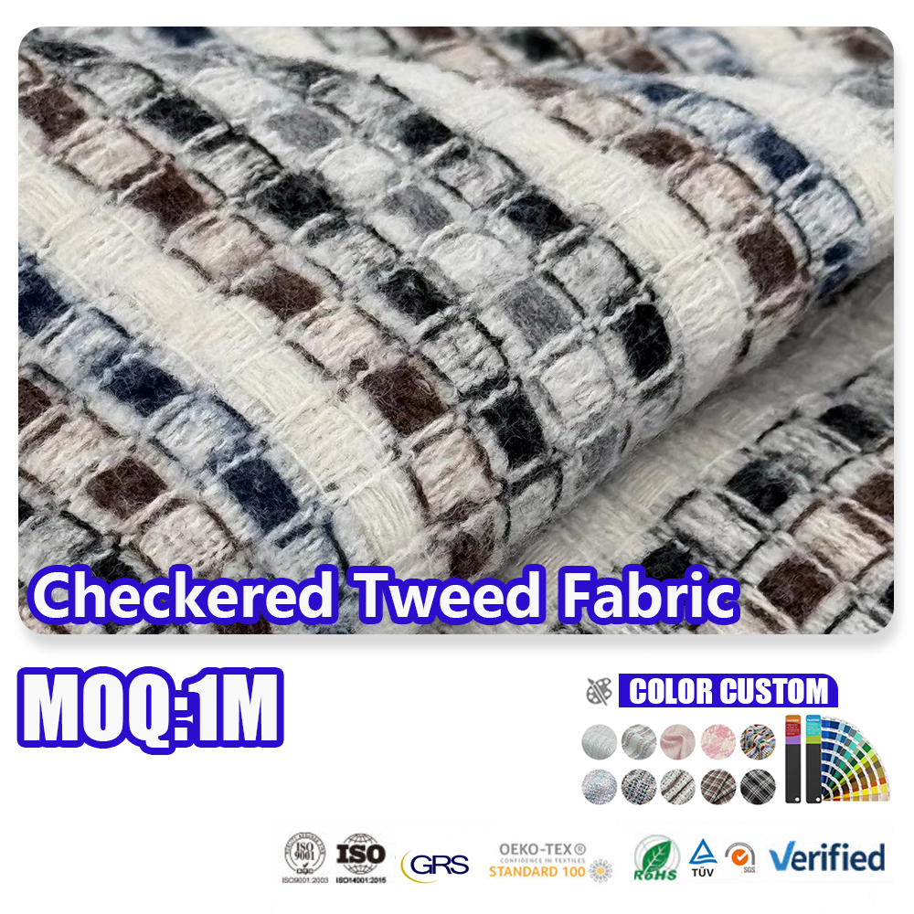 Checkered Tweed Fabric Fancy Yarn Woven Boucle Textile For Women Jacket Coat Dress Apparel Garment Fabric