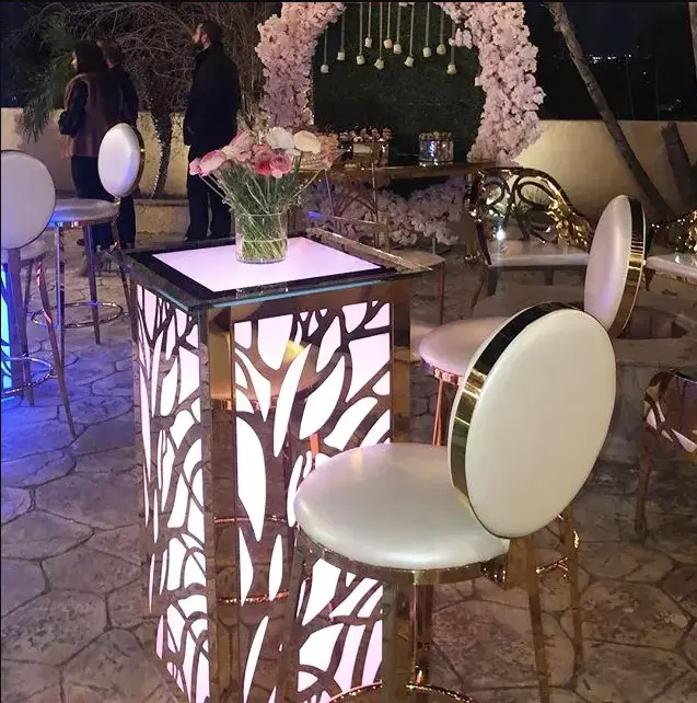 Коктейльный стол из закаленного стекла с золотым светодиодом для ночного клуба, вечеринки, мероприятия