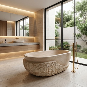 Bañeras Ovaladas Modernas de Lujo Hechas a Medida, Exclusivas de Travertino Blanco Crema, Independientes, para Baño, Villa, Hotel, Casa - Product Image 1