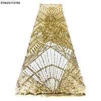 Grande vente, prix spécial, tissu en dentelle brodée bleu royal pour mariage, tissu en dentelle de luxe perlé pour mariée avec perles
