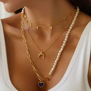 Exquisite 925 sterling silver gold plated half pearl chain half chunky paperclip chain OT blue heart enamel pendant necklace