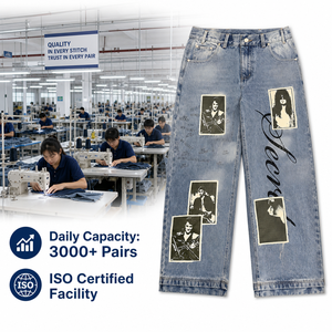 OEM High Waist Breathable Distressed Graphic Patch <b>Men</b> <b>Jeans</b> Light Wash Vintage Printed Denim <b>Trousers</b> for Brand Wholesale ODM - Product Image 5