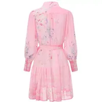 Robe élégante en mousseline de soie pour femme, coupe ajustée, manches longues, col montant, été